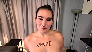 Chubby whore begs humiliation spit cum facial on cock