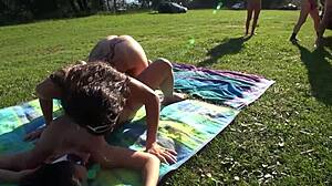Slutty swingers share throbbing cocks outdoors for messy facials?