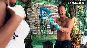 busty russian backpacker horny fucks hostel staff cowgirl cumshot