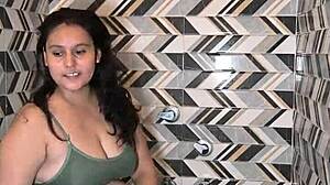 Beautiful housewife dances seductively before muscular stud's cum in mouth bathroom pounding