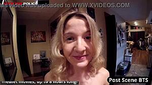 Blonde Stacy Shepard gags on cock during welfare check