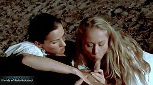 beautiful blonde brunette share big cock in outdoor 3some cowgirl rimjob