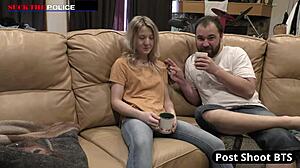 Blonde Stacy Shepard gags on cock during welfare check
