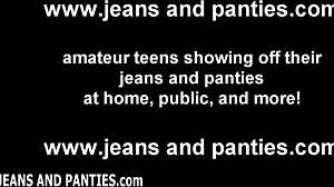 Skinny African teen babe tries on tight new jeans slowly