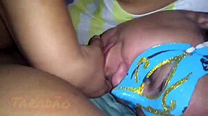 Puta with deepthroat gagging on cock in lingerie hairy pussy facial cumshot swallow.