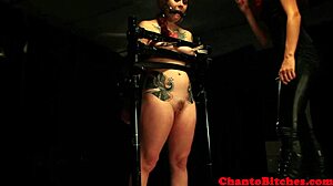 Tattooed Redhead Femdom Mistress Torments Bound Submissive Lez