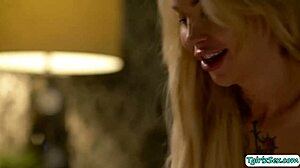 busty blonde tgirl blows then takes big ass anal pounding in bed 🔥🍑