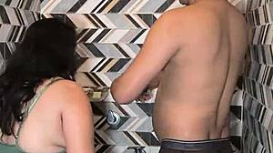 Beautiful housewife dances seductively before muscular stud's cum in mouth bathroom pounding