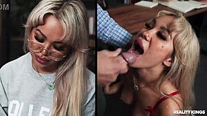 Sneaky library couple's deepthroat ride ends in facial