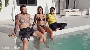 nuria millan slurps balls deepthroats then rides big cocks in wild threesome