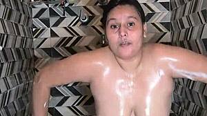 Beautiful housewife dances seductively before muscular stud's cum in mouth bathroom pounding