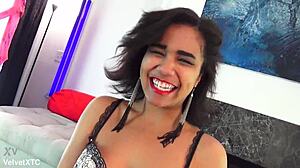 Licking petite teen's natural tits in casting