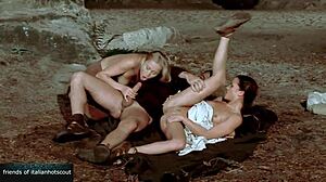 beautiful blonde brunette share big cock in outdoor 3some cowgirl rimjob
