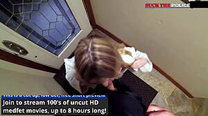 Blonde Stacy Shepard gags on cock during welfare check