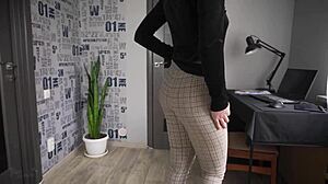 Office milf teases coworkers flashing ass in tight trousers