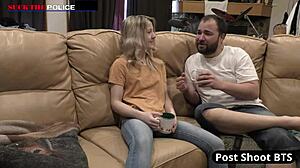 Blonde Stacy Shepard gags on cock during welfare check