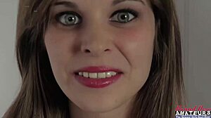 green eyed cutie livia teases shaved pussy then deepthroats for doggystyle facial cumshot