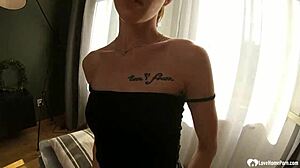 Hey check out this horny babe teasing her shaved pussy close-up...