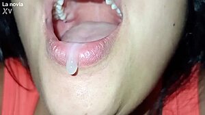 close-up latina deepthroat gag on huge cock swallows lover's milk on valentine's day