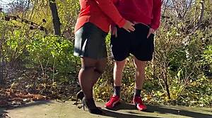 mother-in-law grips my cock tight while i pee outdoors