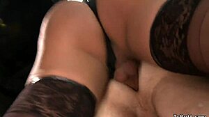 leather mask man slurps bound shemale cock hungrily