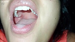 close-up latina deepthroat gag on huge cock swallows lover's milk on valentine's day