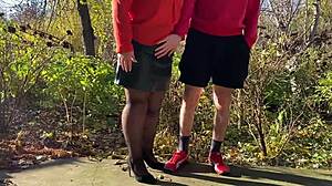 mother-in-law grips my cock tight while i pee outdoors