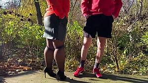 mother-in-law grips my cock tight while i pee outdoors