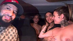 Uber woman picks up lesbian couple at airport, wild car pussy licking orgy