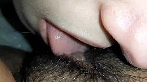 Lesbian Couple's Close-Up Lick Fest on Hairy Wet Pussy and Clit