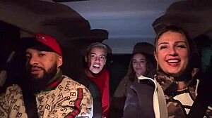 Uber woman picks up lesbian couple at airport, wild car pussy licking orgy