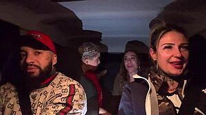 Uber woman picks up lesbian couple at airport, wild car pussy licking orgy