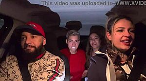 Uber woman picks up lesbian couple at airport, wild car pussy licking orgy