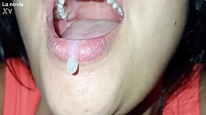 close-up latina deepthroat gag on huge cock swallows lover's milk on valentine's day
