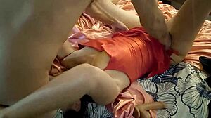 French amateur in ripped satin corset takes doggystyle rimjob and panty fuck