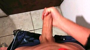 showering skinny solo cum on bathroom floor pov