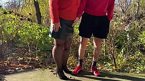 mother-in-law grips my cock tight while i pee outdoors