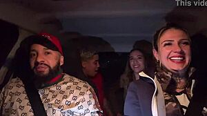 Uber woman picks up lesbian couple at airport, wild car pussy licking orgy