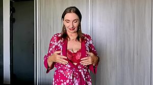 granny tempts in red lingerie stockings flashing huge tits dirty talk