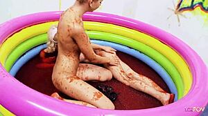 Slippery Wet Lesbians Finger Shaved Pussies in Jello Pool Wrestling