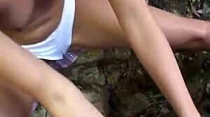 damn sexy 18+ teen lesbian with braces rips clothes and fingers that petite blonde pussy outdoors