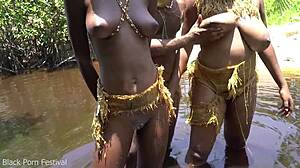 This Lucky African Villager Scores Two Sexy Skinny Black Girlfriends Outdoors