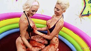 Slippery Wet Lesbians Finger Shaved Pussies in Jello Pool Wrestling