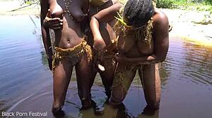 This Lucky African Villager Scores Two Sexy Skinny Black Girlfriends Outdoors
