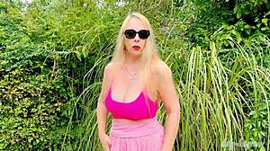 WOW! Lady Lucy's Busty Blonde Tease Sways Outdoor Cock in Stockings!