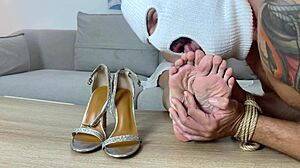 Horny boyfriend buries face in pretty blonde girlfriend's stinky feet fetish sniff