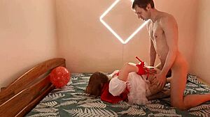 Amateur milf deepthroats before hard anal in red costume!