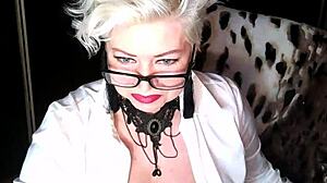 my mature secretary whore performs hot squirting dildo office domination in stockings glasses