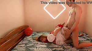 Amateur milf deepthroats before hard anal in red costume!