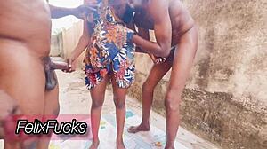 Curvy slut takes two monster cocks bent over rough public quickie